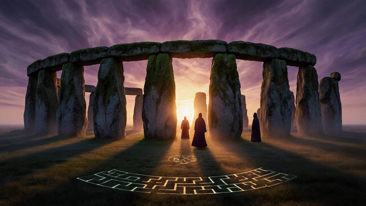 Stonehenge illuminated by a solstice sunset beam, silhouetted figures standing in reverence.