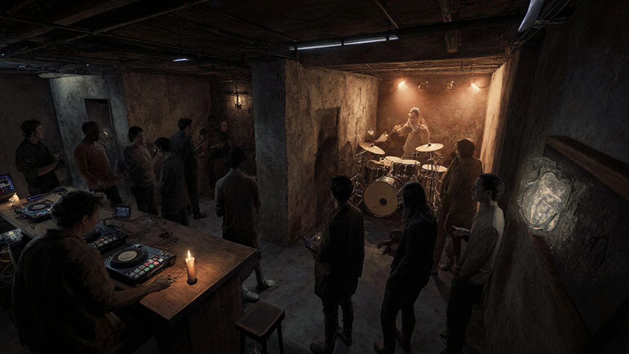 Studio 338 basement with three music zones, live drummers, low lighting, cash-only bar.