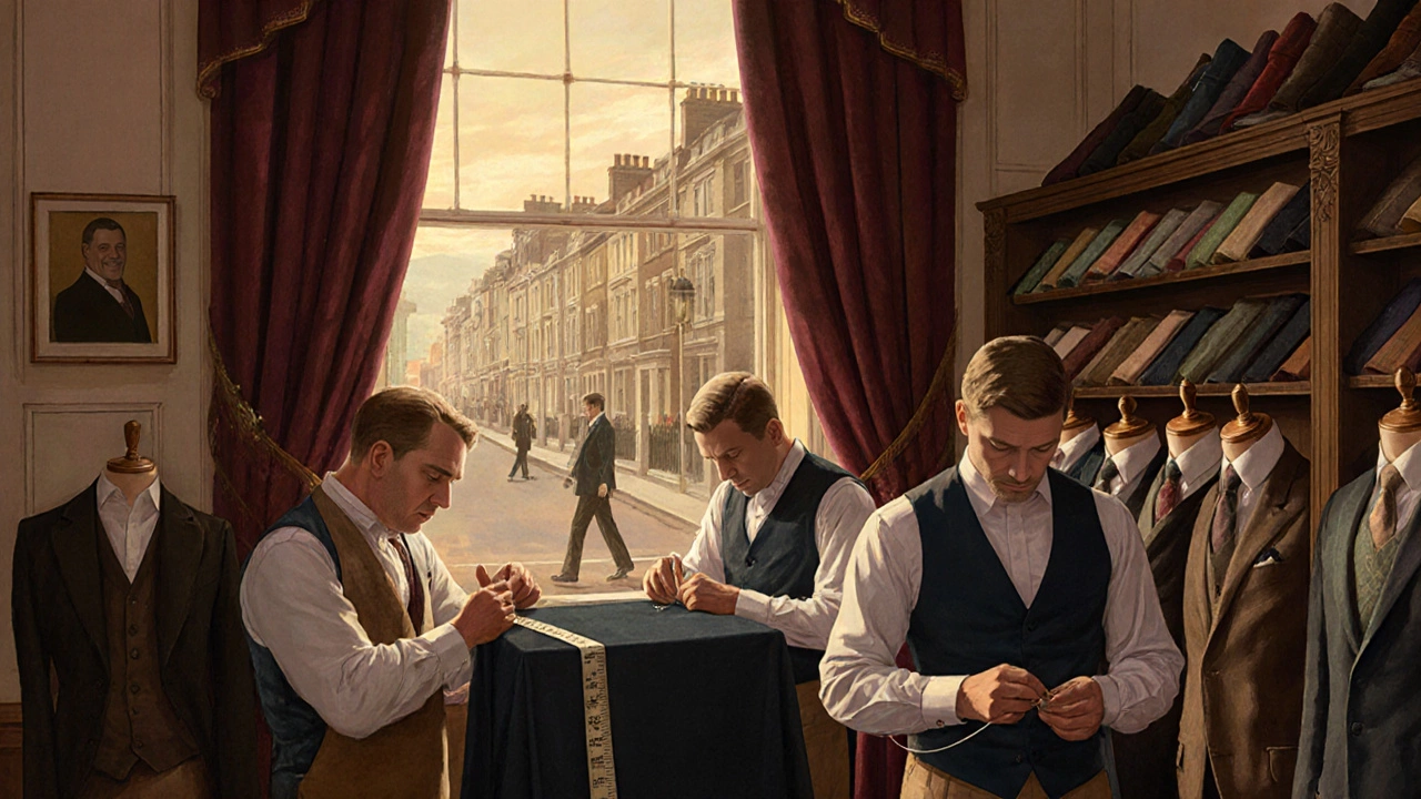 Tailors hand-stitching a bespoke suit on Savile Row, surrounded by wool swatches and vintage measuring tools.