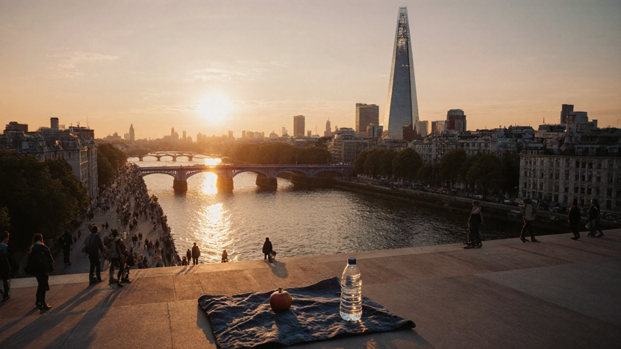 Tate Modern rooftop at sunset with glowing Thames and Shard reflecting warm light, blanket and apple on steps.