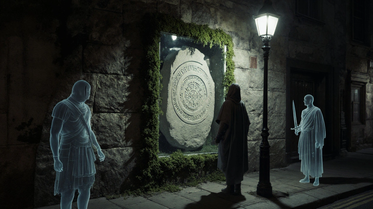 The London Stone hidden in a city wall, glowing with ancient symbols and ghostly presences.