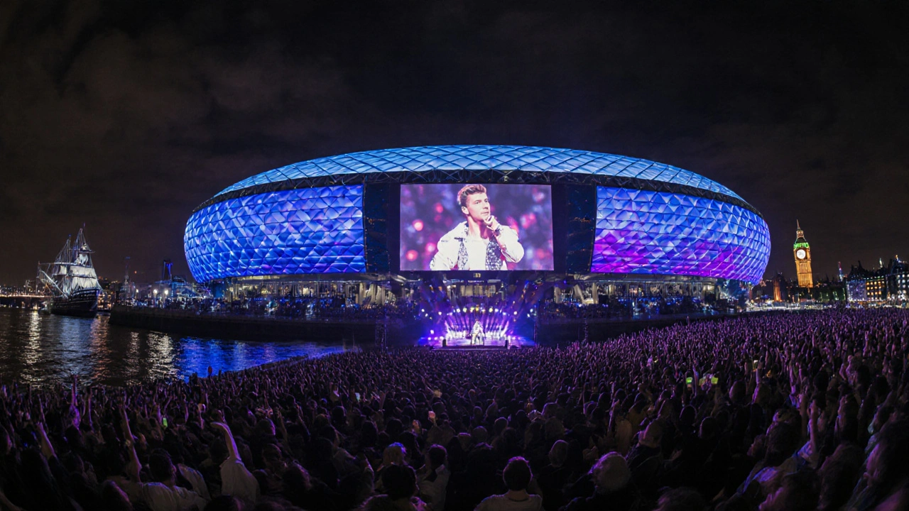 The O2 Arena at night with a superstar on stage, thousands of fans cheering, river reflections in the background.