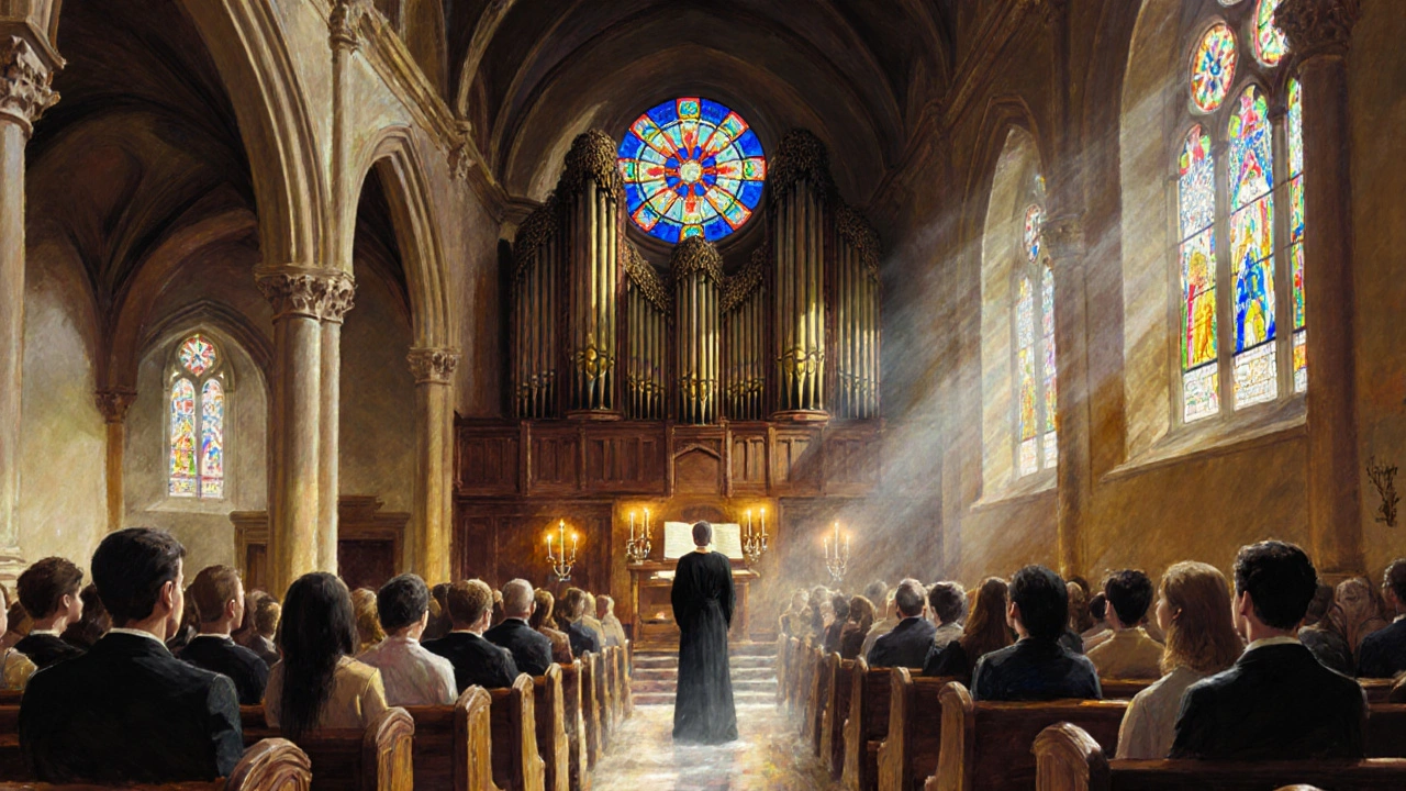 Union Chapel concert with stained glass light, candlelit audience, and a singer before a grand pipe organ.