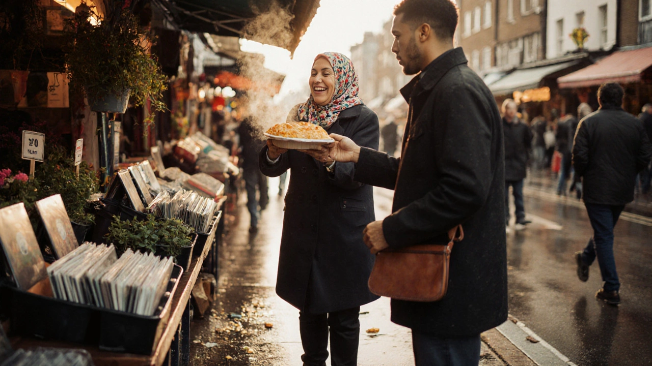 Vibrant market stall offering pies and vinyl records in a bustling open-air market.