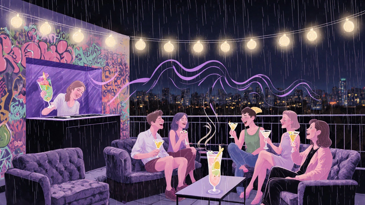 Vibrant rooftop terrace with velvet sofas, string lights, and patrons enjoying cocktails under street art.