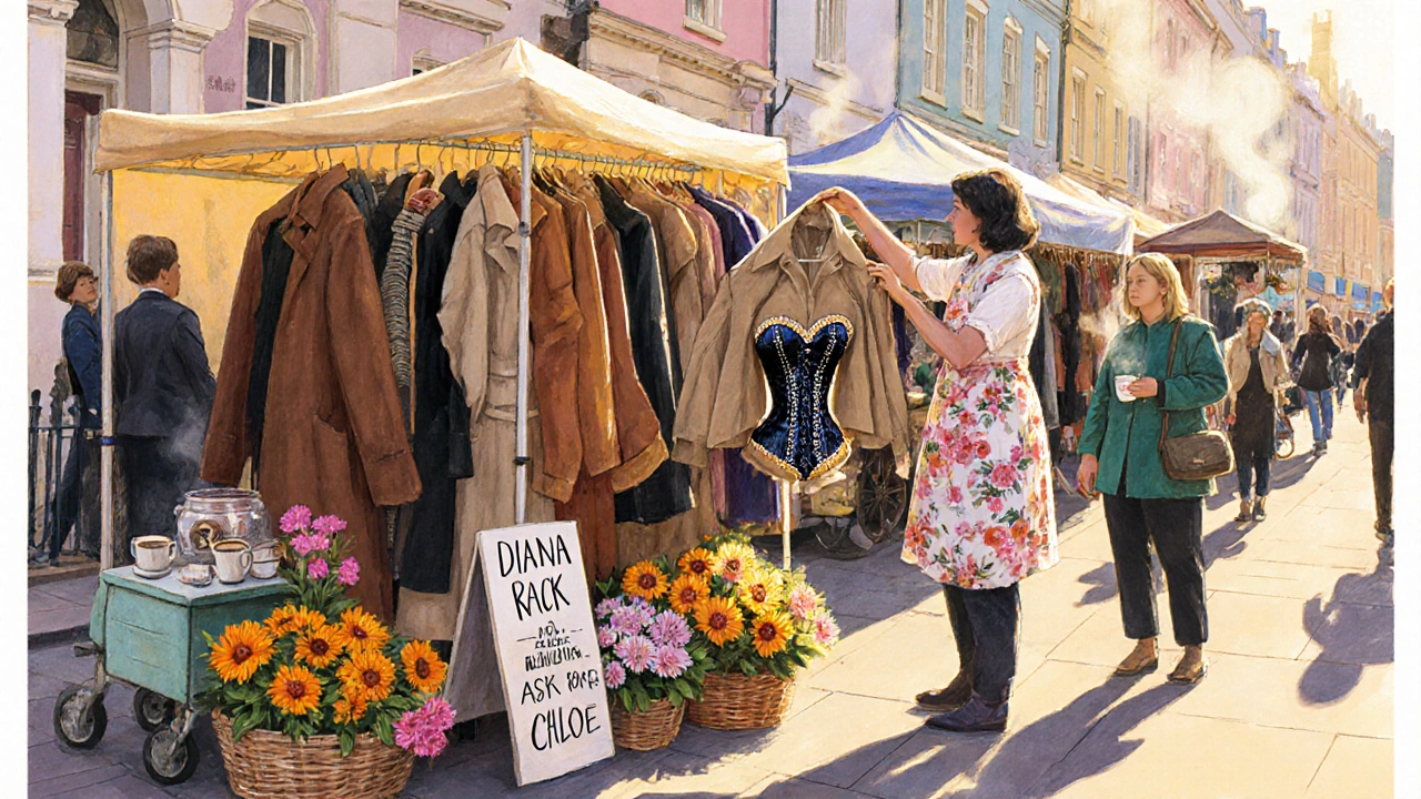 Vintage clothing stall in Notting Hill Market with 80s jackets and floral baskets, golden morning light.