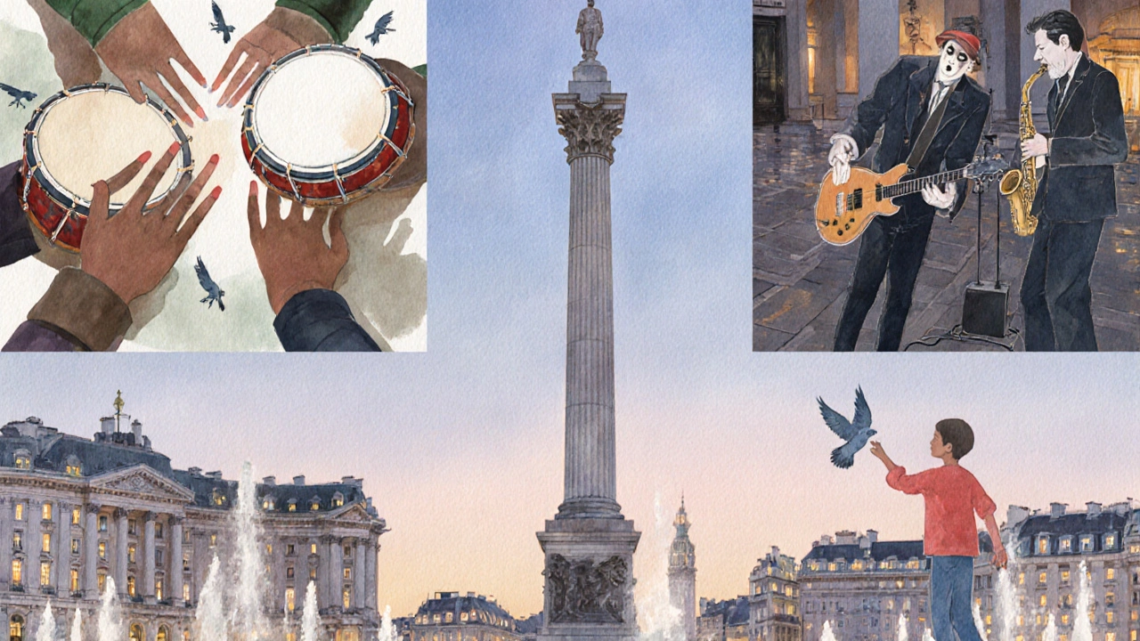 Watercolor collage of street performers and pigeons in Trafalgar Square, blending music, mime, and motion.