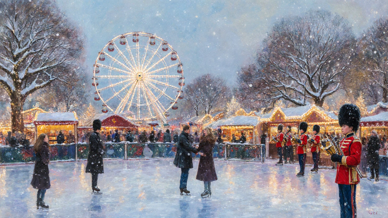 Winter Wonderland in Hyde Park with Ferris wheel, ice skaters, and twinkling lights under a snowy sky.