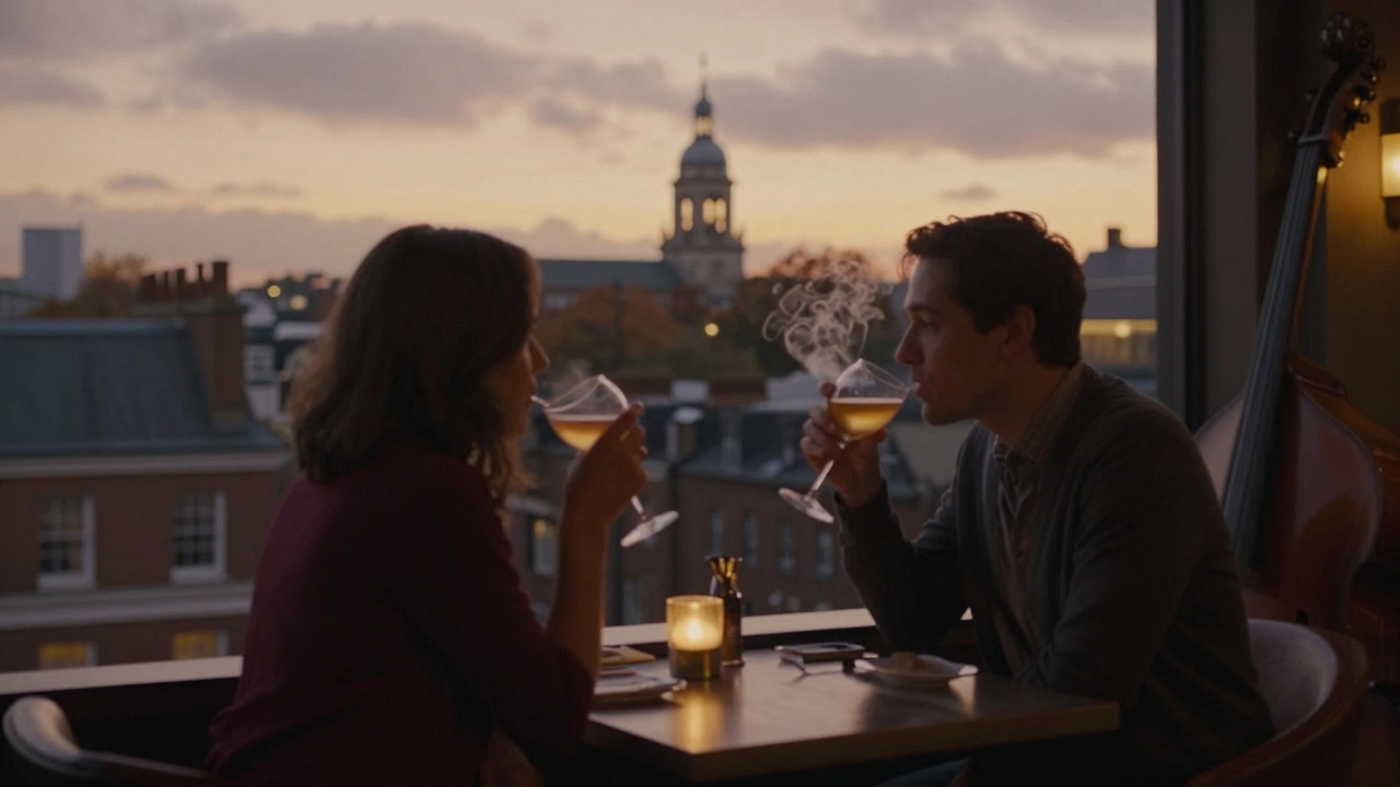 A couple on a romantic rooftop date at sunset, soft lights and historic church dome in background.