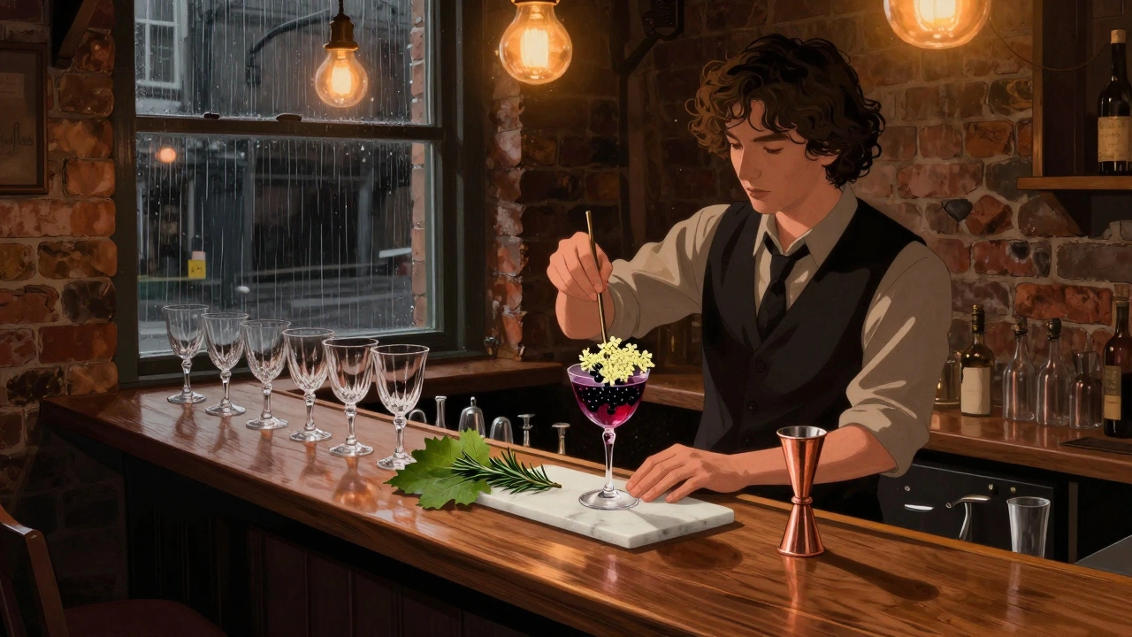 A cozy basement bar with botanical ingredients on display, dim lighting and exposed brick walls.