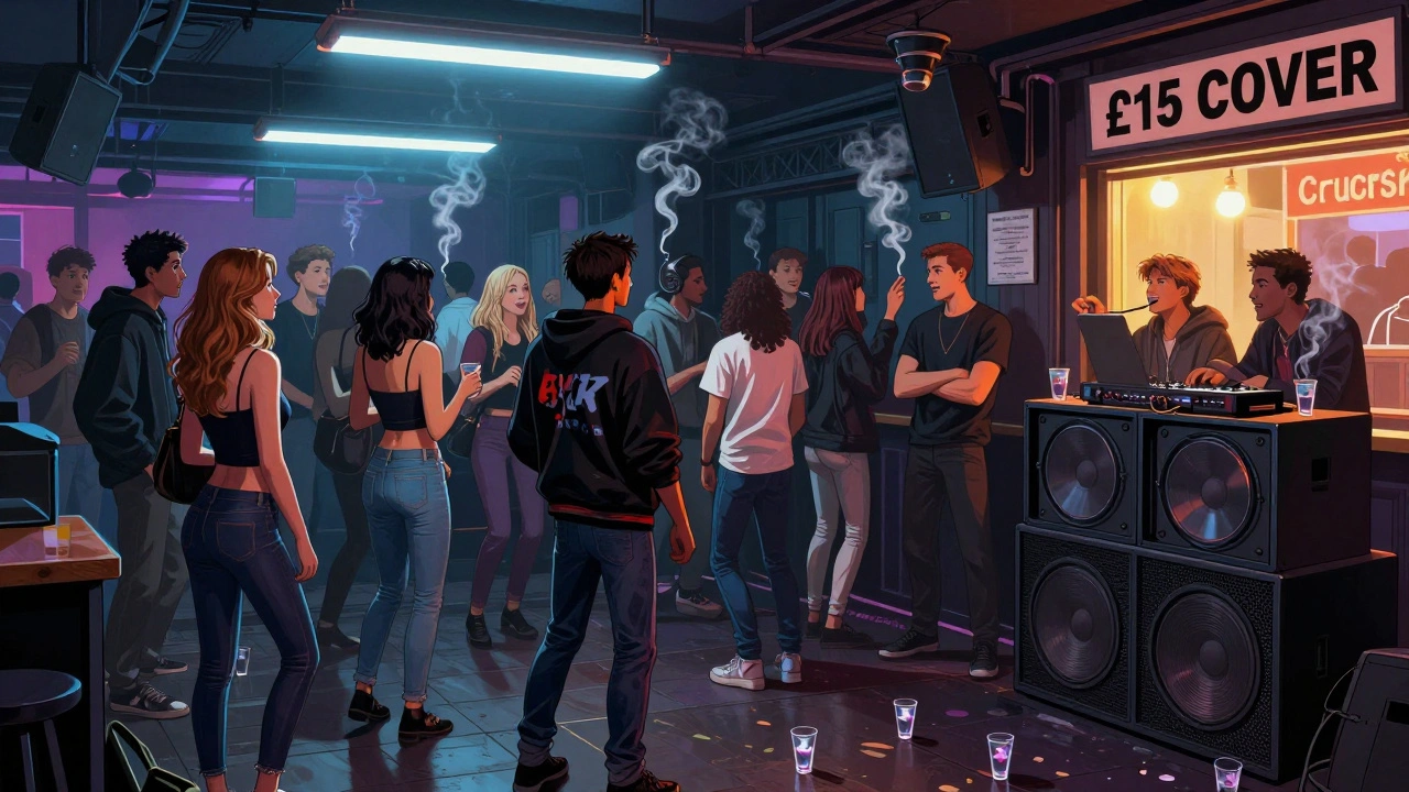 A crowded 2000s London nightclub with strobe lights, skinny jeans, and sticky floors, near a late-night kebab shop.