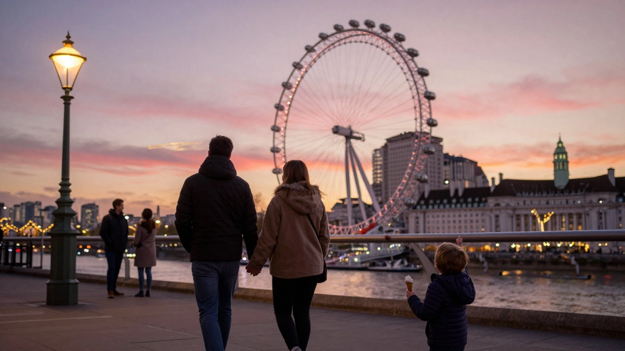 A family walking along the South Bank at dusk after their London Eye ride, with the illuminated bridge and city lights behind them.