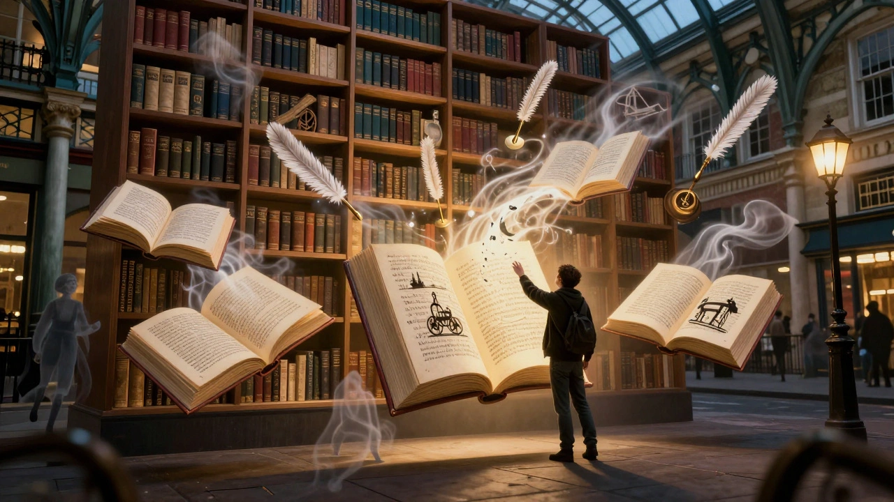 A floating bookshelf above Covent Garden emits glowing stories of London’s hidden histories.