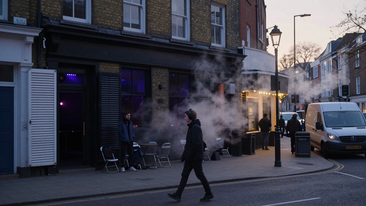 A lone walker heads home at dawn after Fabric, the club’s glow fading behind them as London wakes quietly.