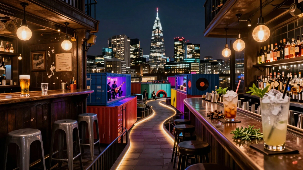 A split visual showing the transformation of London nightlife from gritty pubs to stylish bars and underground venues under a glowing skyline.