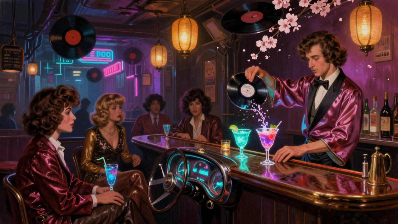 A surreal blend of 1970s Tokyo and London jazz, glowing cocktails and floating lanterns in a dreamy bar.