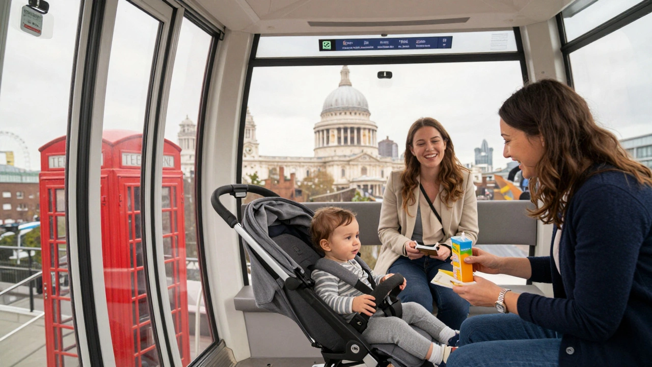 A toddler in a stroller being welcomed into a London Eye capsule by friendly staff, with landmarks visible outside.
