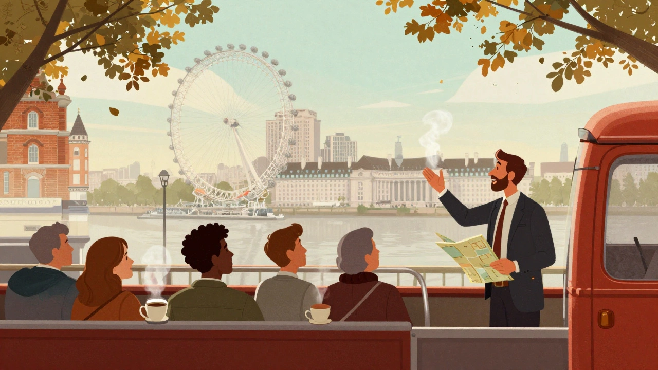 A vintage bus travels the South Bank with passengers viewing London Eye and Tate Modern under autumn fog.