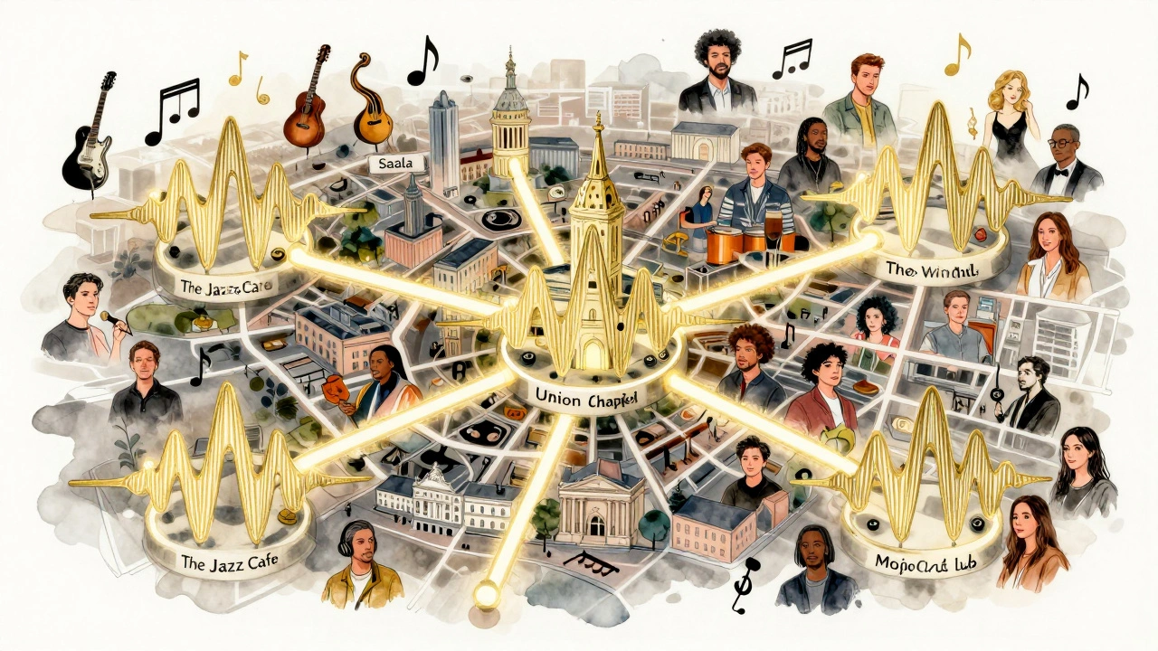 Abstract map of London showing music venues as glowing nodes connected by sound waves and cultural symbols.