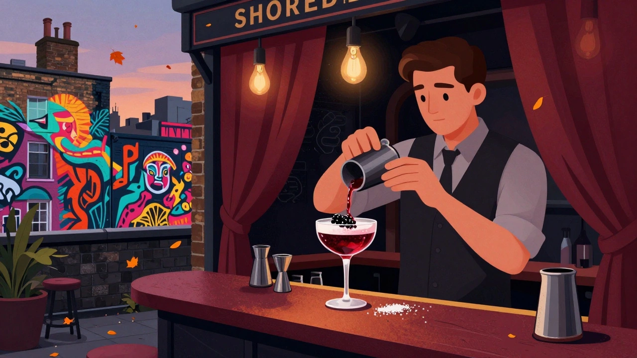 Bartender making a smoked blackberry cocktail in a Shoreditch rooftop bar surrounded by street art.