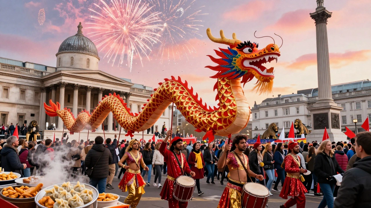 Chinese New Year parade in Trafalgar Square with a dragon puppet, dancers, and fireworks over the National Gallery.