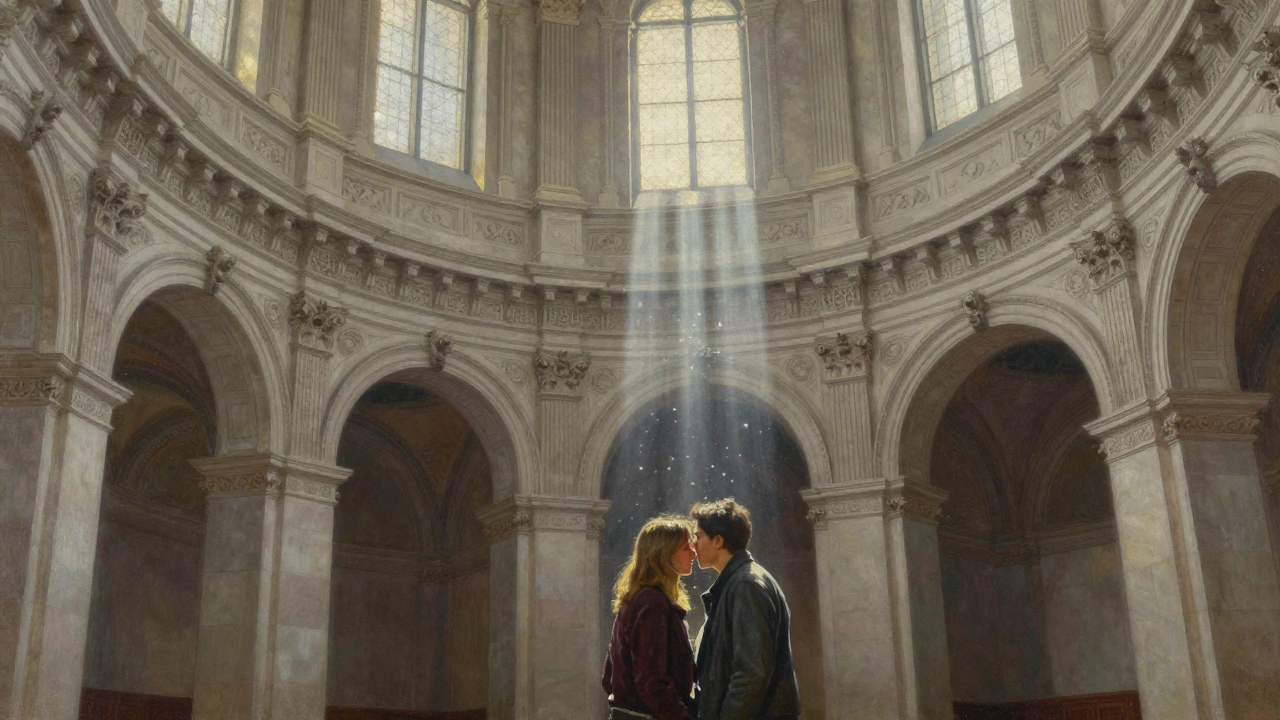 Couple whispering across the curved stone wall of St. Paul&#039;s Whispering Gallery in soft morning light.