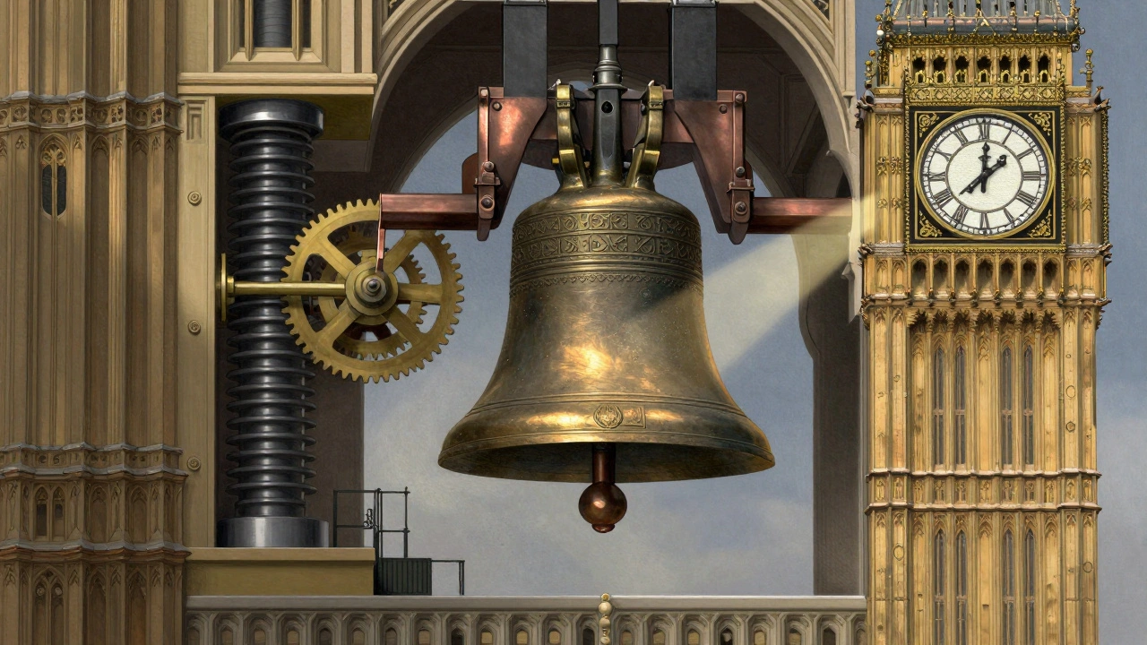 Cross-section view of Big Ben's bell and 1850s clock mechanism with modern seismic dampers.