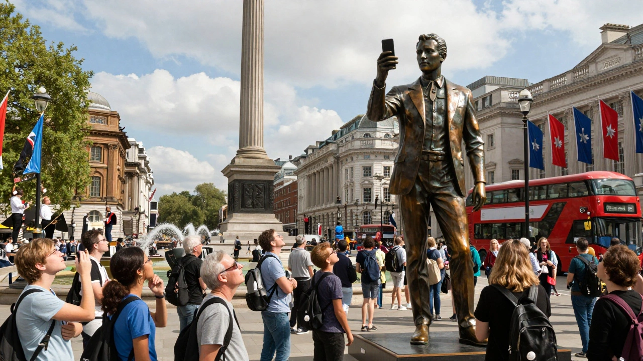 Crowd gathered around a modern bronze sculpture on the Fourth Plinth with Nelson’s Column in the background.