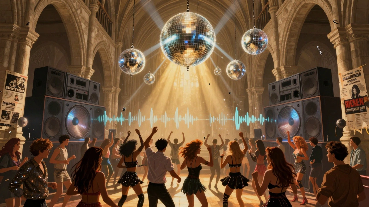 Crowded dance floor inside Heaven with disco balls, neon lights, and diverse patrons dancing beneath stone arches.