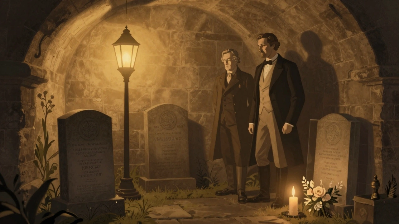 Crypt of St. Paul&#039;s Cathedral at twilight with tombs and a single lit candle beside a firefighter&#039;s headstone.