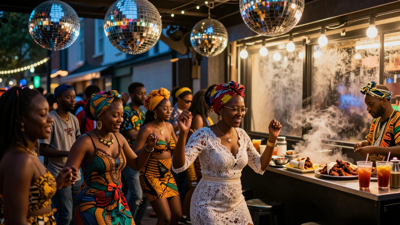 Diverse crowd dancing at a winter carnival afterparty with mirrored balls and Caribbean food stalls outside.
