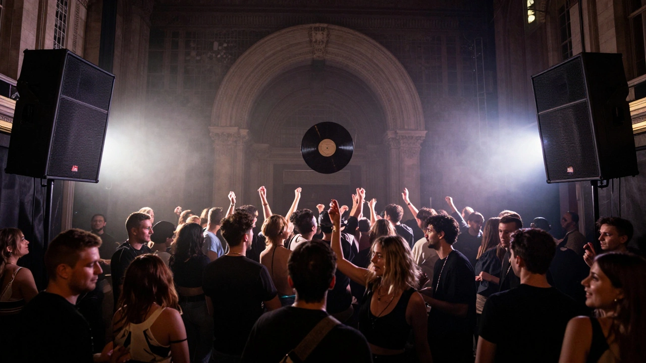 Diverse crowd united on the dancefloor under pulsing bass lights with vintage cinema architecture in background.