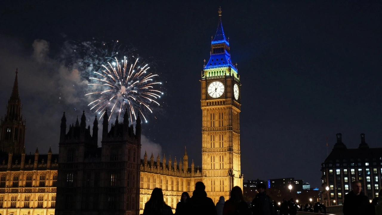 Elizabeth Tower at night with blue LED spire glow during New Year’s Eve fireworks.