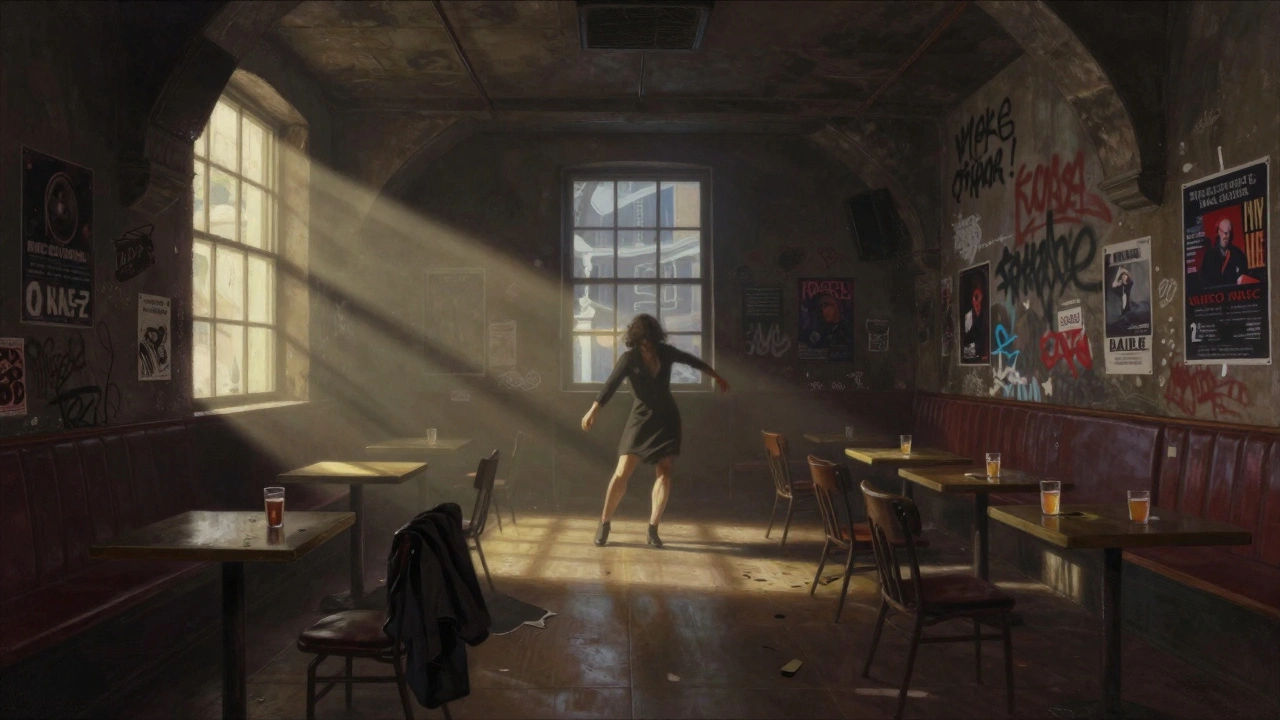 Empty club at dawn, sunlight streaming in as the last dancer stands alone amid abandoned drinks.