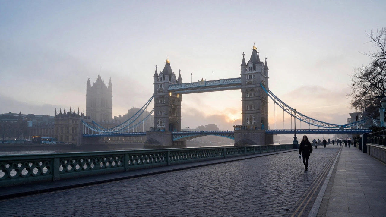 Empty Thames path at dawn, Elizabeth Tower softly lit as its first chime echoes, lone walker with coffee.