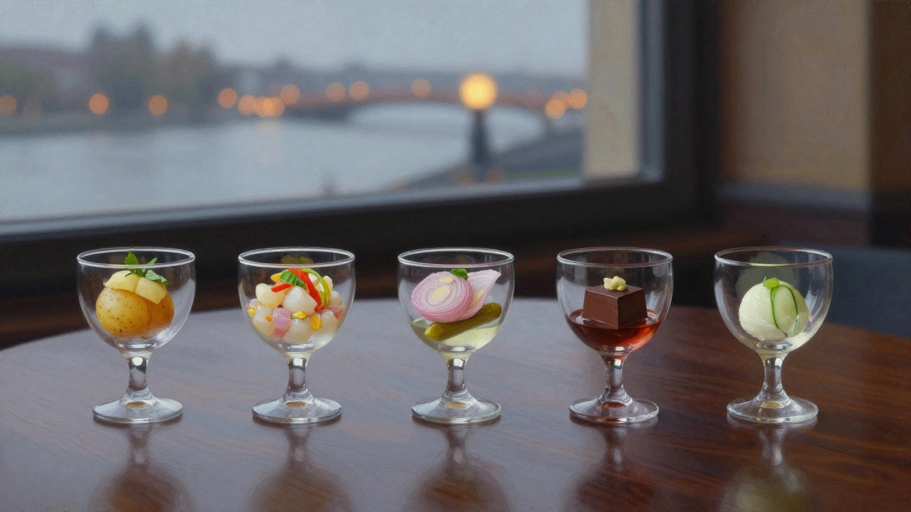 Five elegant cocktail glasses with paired small dishes float diagonally across a dark table under soft rooftop lighting.