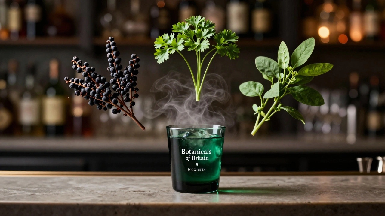 Floating botanical ingredients representing Britain’s terroir around a glowing gin cocktail.