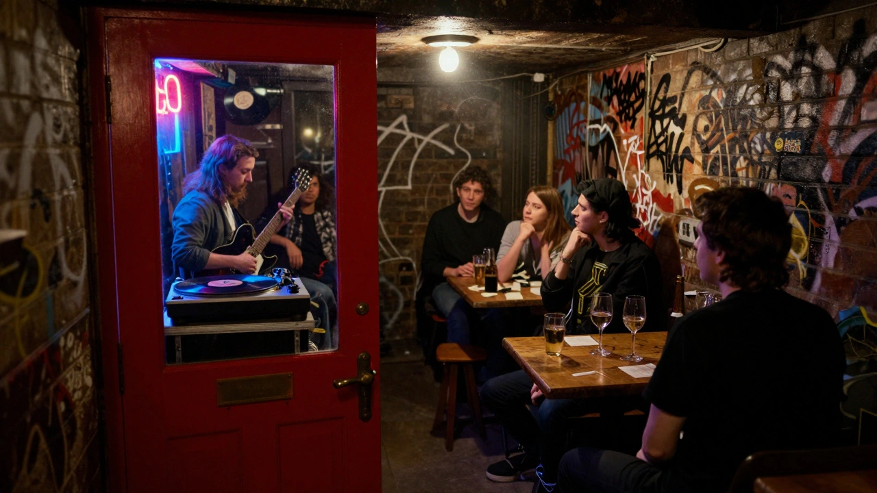 Hidden basement bar in Shoreditch with vinyl records spinning, dim neon glow, people listening to live music.