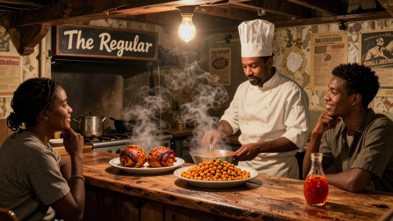 Hidden Brixton eatery serving Trinidadian doubles, steaming and spicy, in a cozy basement setting.