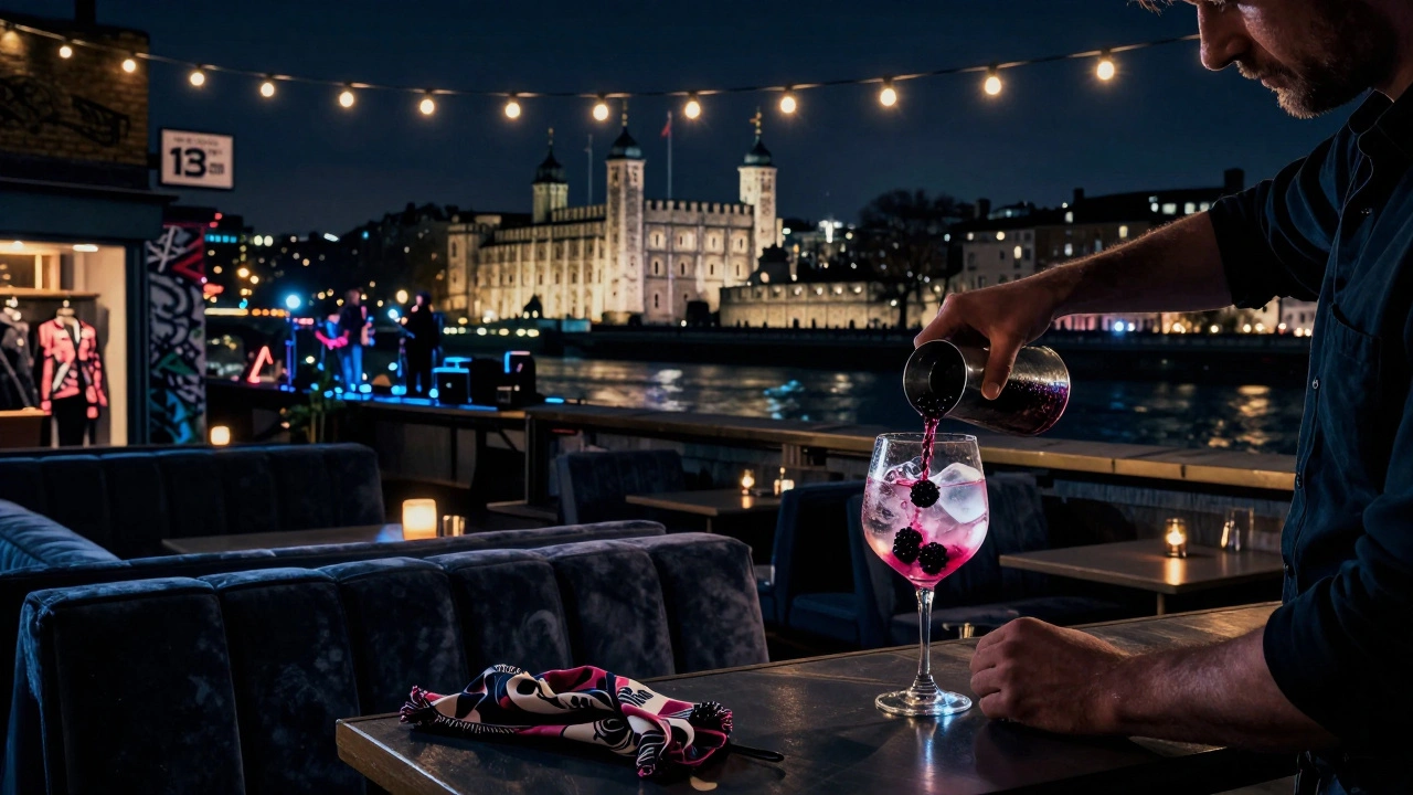 Hidden rooftop terrace of Bar 123 in Shoreditch with Tower of London in distance and dim string lights.