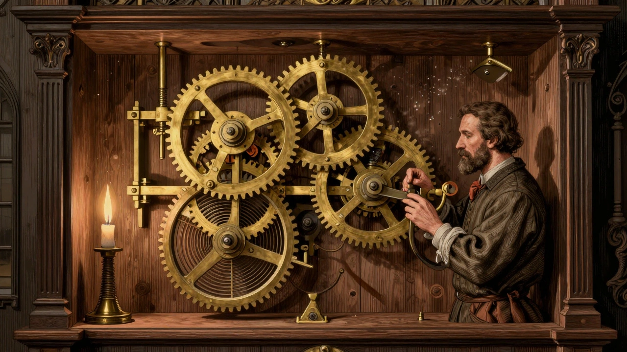 Inside the Elizabeth Tower, detailed brass clock mechanism with a clockmaker adjusting gears by candlelight.