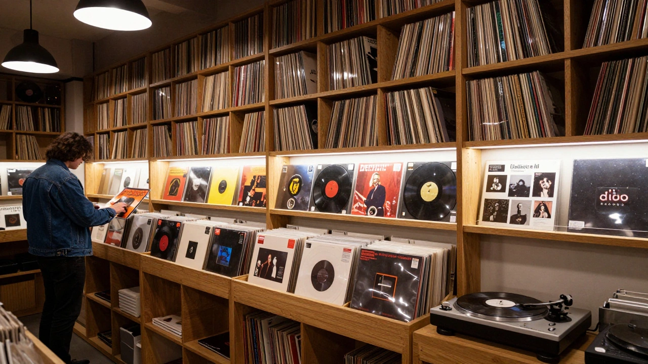 Interior of Ministry of Sound Records with vinyl shelves and a customer browsing rare dance music records.