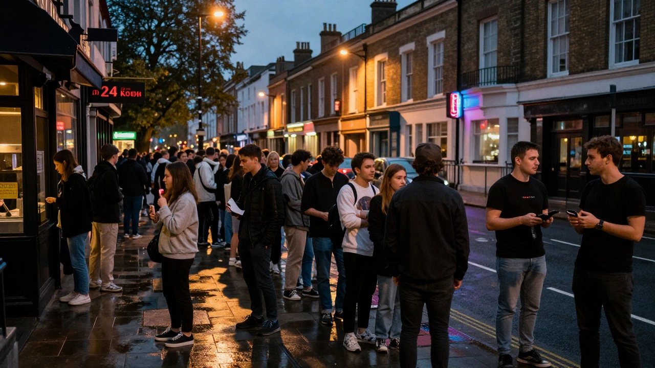 Long line of people waiting outside Ministry of Sound at night, beside a kebab shop and Victorian buildings.