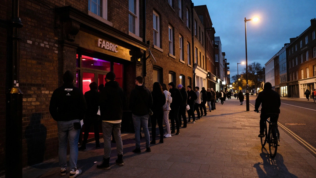 Long queue outside Fabric nightclub on Farringdon Road at 2 a.m., neon sign glowing faintly.