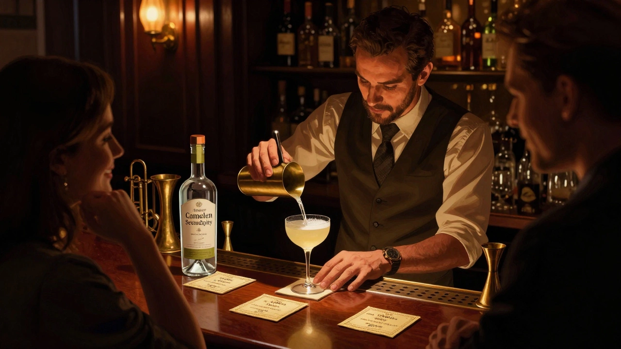 Mixologist crafting a custom cocktail at The Alchemist with gold foil napkins in dim, intimate lighting.