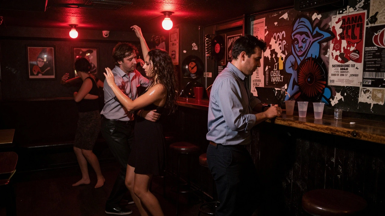 People dancing in a dim underground club with plastic cups and peeling posters on walls.