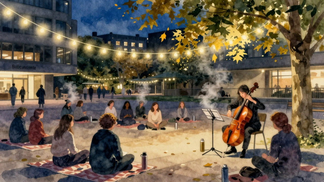 People sitting on blankets in the Barbican courtyard listening to a cellist under golden string lights at night.