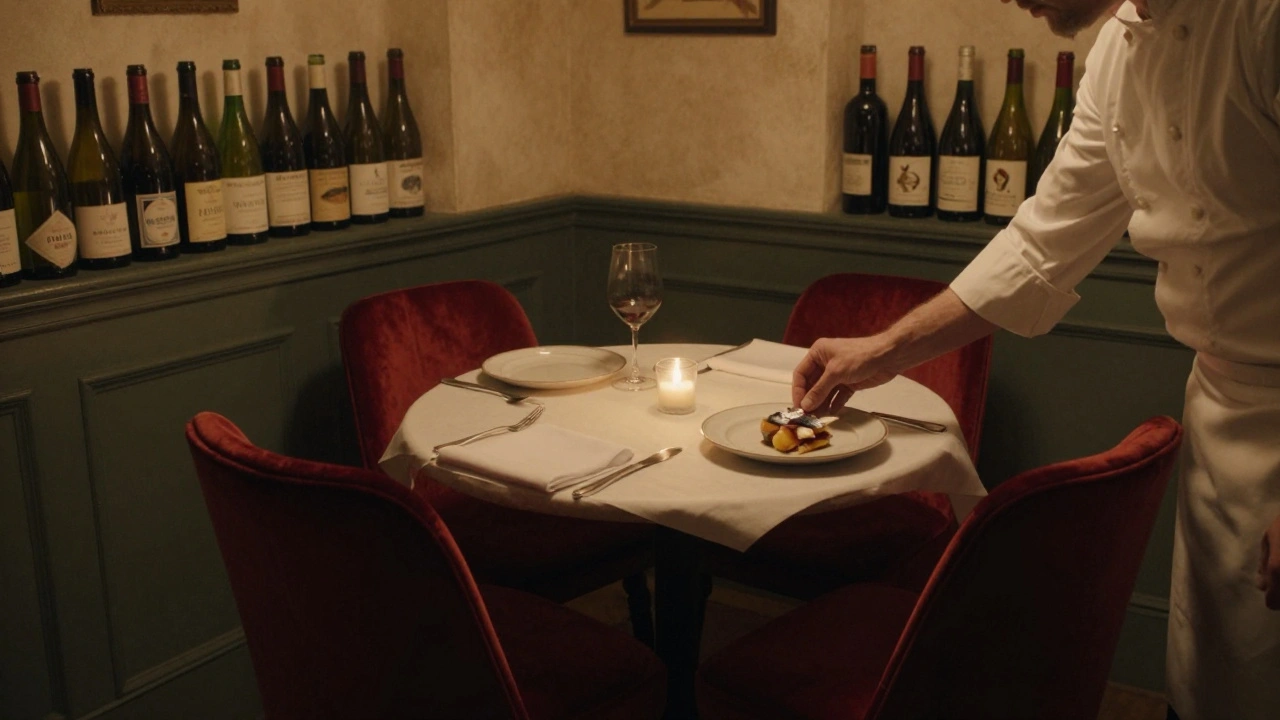Private dining room with red velvet chairs and a chef serving cured mackerel amuse-bouche.