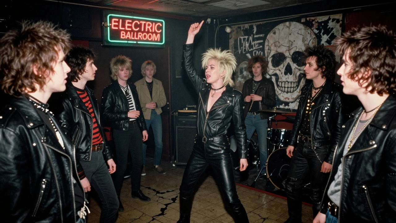 Punk concert in 1970s Camden with Siouxsie Sioux on stage, fans in leather, and flickering neon signs.