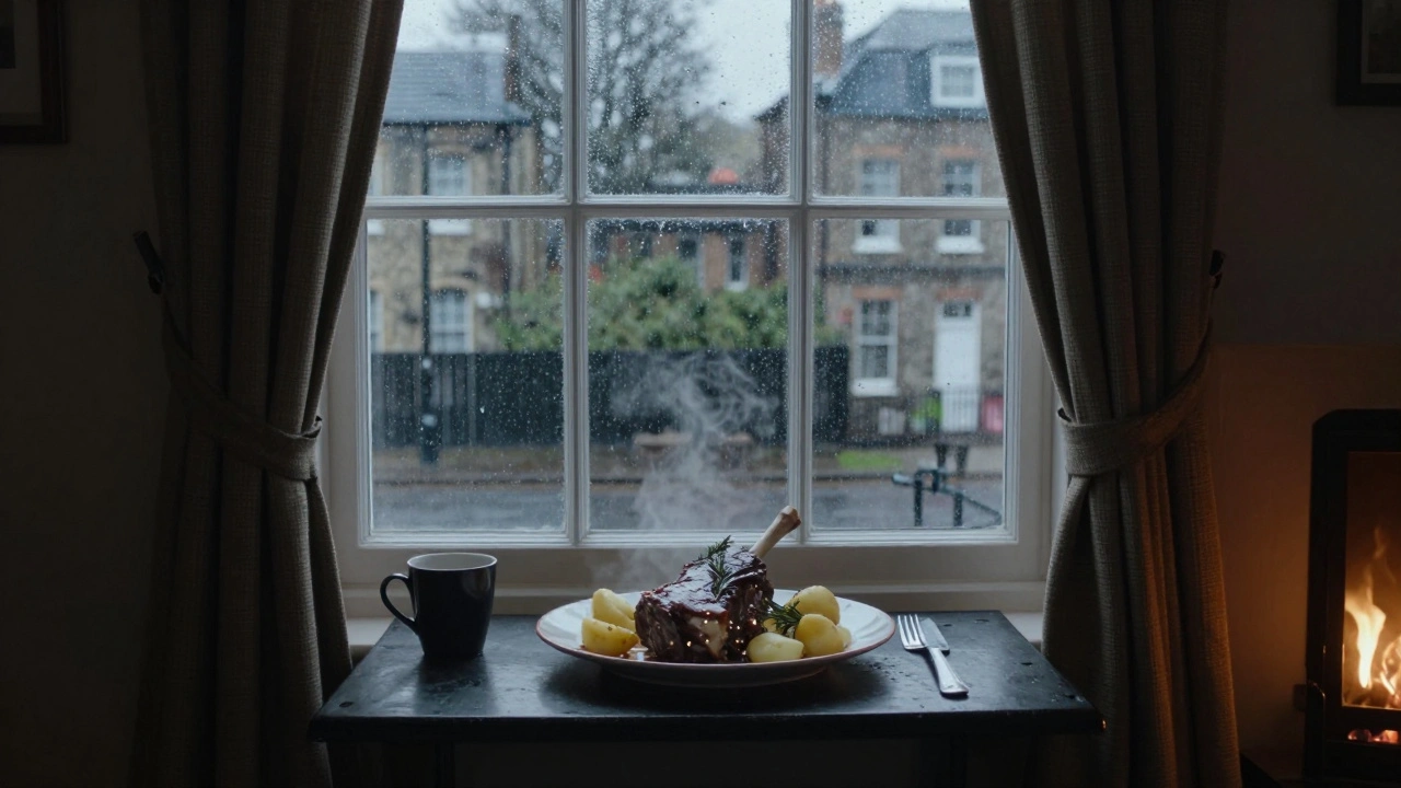 Rainy window seat at a Georgian townhouse restaurant with fireplace and slow-cooked lamb.